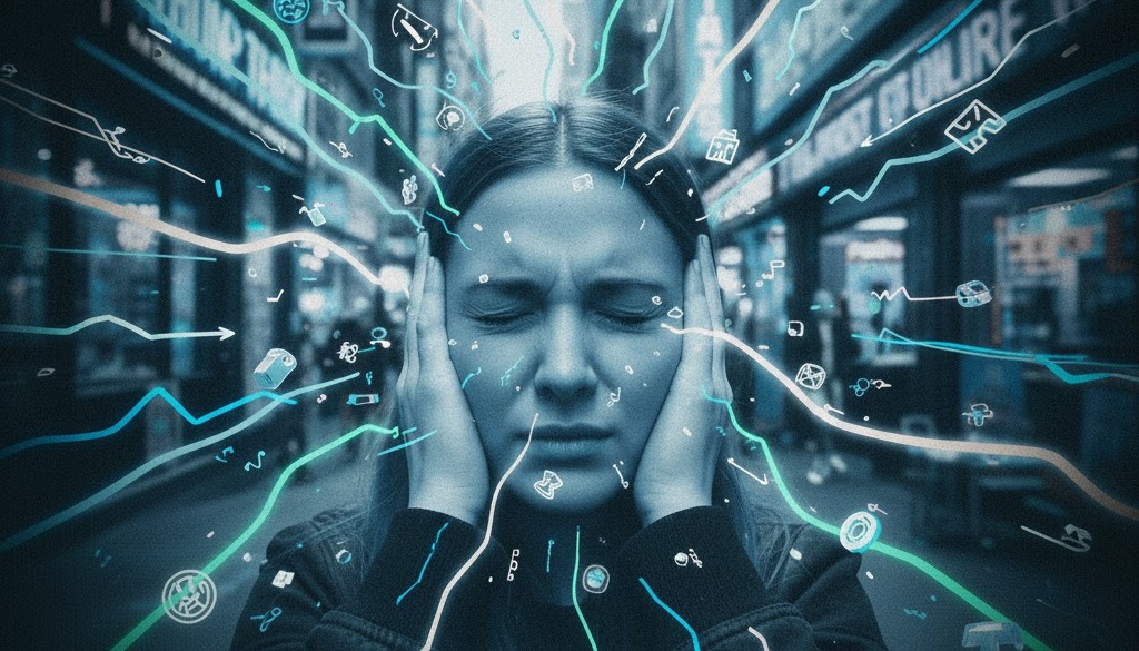 Conceptual illustration of sensory overload and mental stress, featuring a person covering their ears amidst chaotic digital lines and icons in a city.